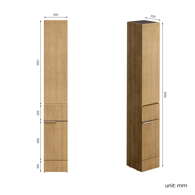 Sicily Fluted Country Oak Floor Standing Tall Cabinet Unit 1900x300mm - Chrome Handles