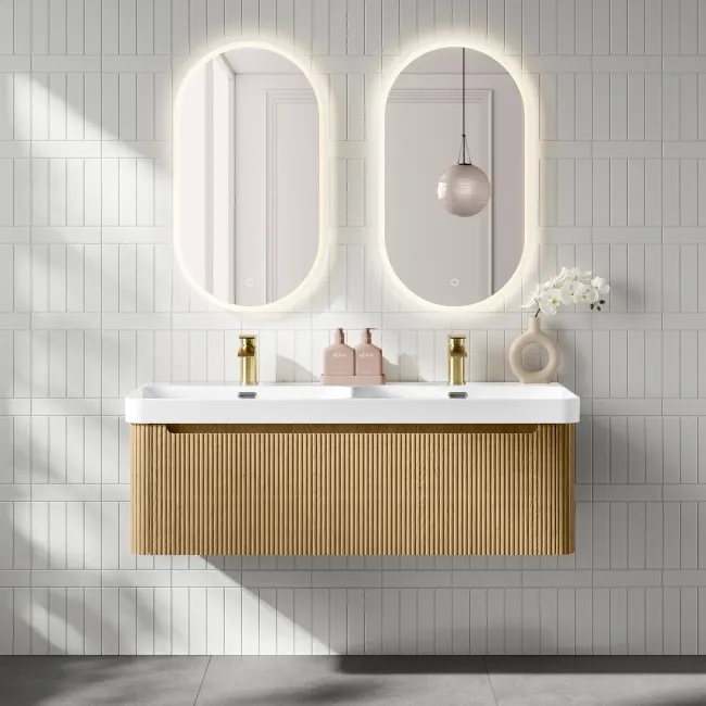 Sorrento Fluted Country Oak Wall Hung Double Basin Drawer Vanity 1200mm