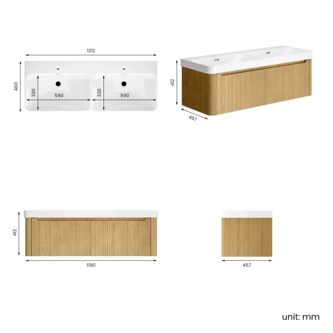 Sorrento Fluted Country Oak Wall Hung Double Basin Drawer Vanity 1200mm