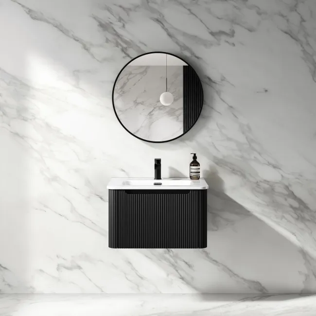 Sorrento Fluted Matt Black Wall Hung Basin Drawer Vanity 600mm