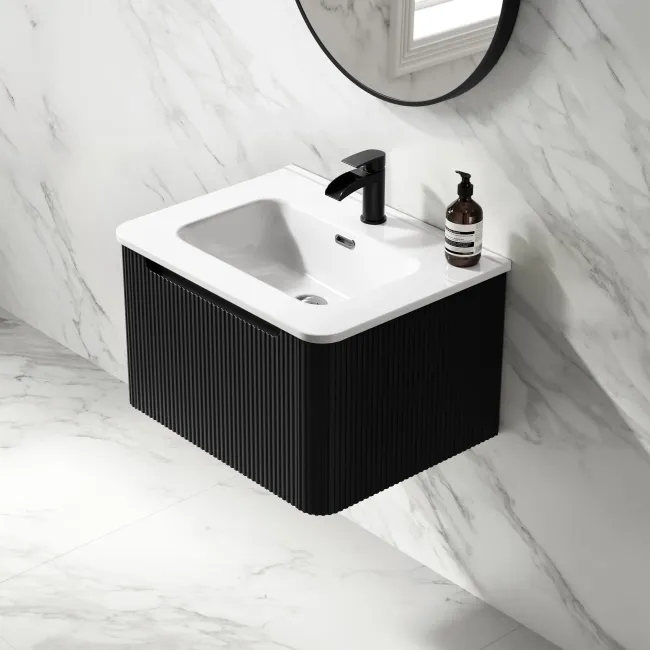 Sorrento Fluted Matt Black Wall Hung Basin Drawer Vanity 600mm