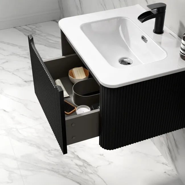 Sorrento Fluted Matt Black Wall Hung Basin Drawer Vanity 600mm