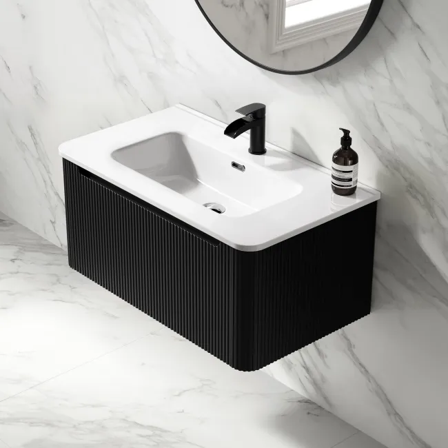Sorrento Fluted Matt Black Wall Hung Basin Drawer Vanity 800mm