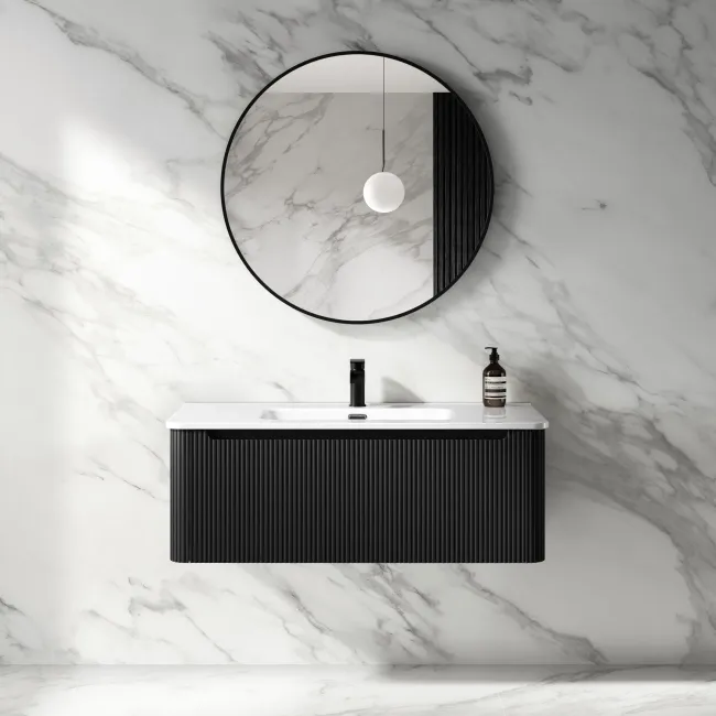 Sorrento Fluted Matt Black Wall Hung Basin Drawer Vanity 1000mm