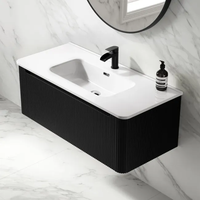 Sorrento Fluted Matt Black Wall Hung Basin Drawer Vanity 1000mm