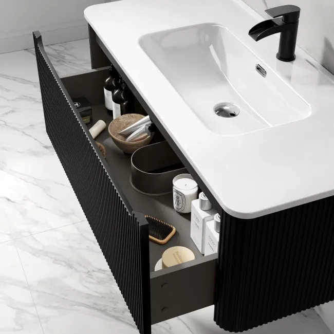 Sorrento Fluted Matt Black Wall Hung Basin Drawer Vanity 1000mm