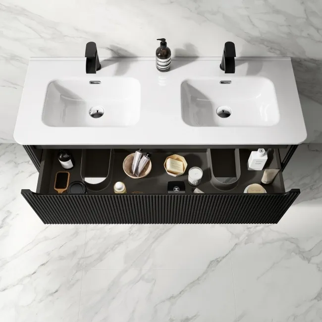 Sorrento Fluted Matt Black Wall Hung Double Basin Drawer Vanity 1200mm