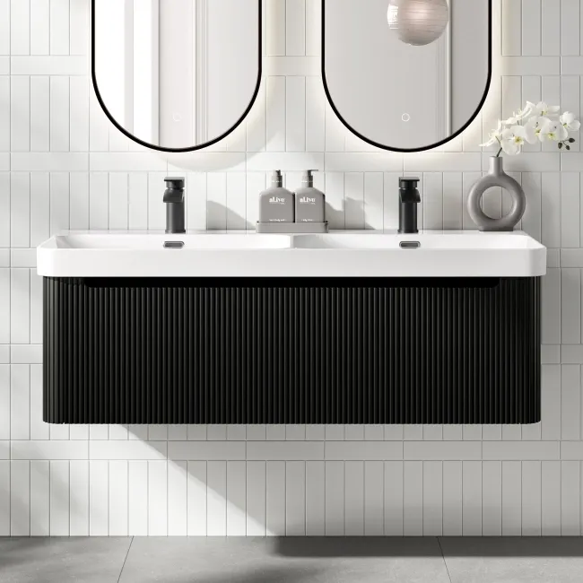 Sorrento Fluted Matt Black Wall Hung Double Basin Drawer Vanity 1200mm