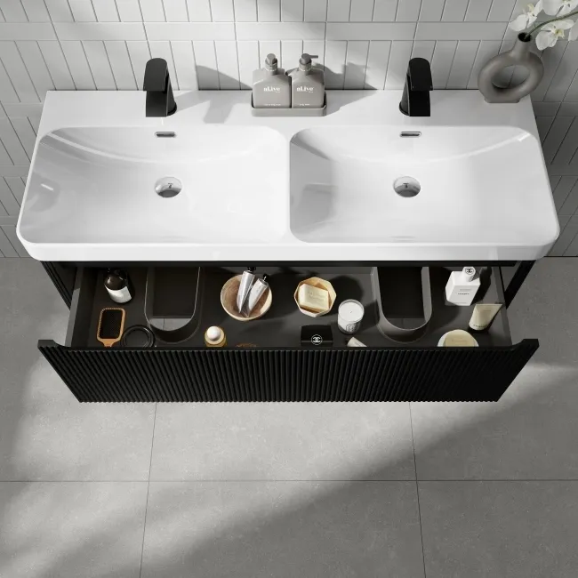 Sorrento Fluted Matt Black Wall Hung Double Basin Drawer Vanity 1200mm