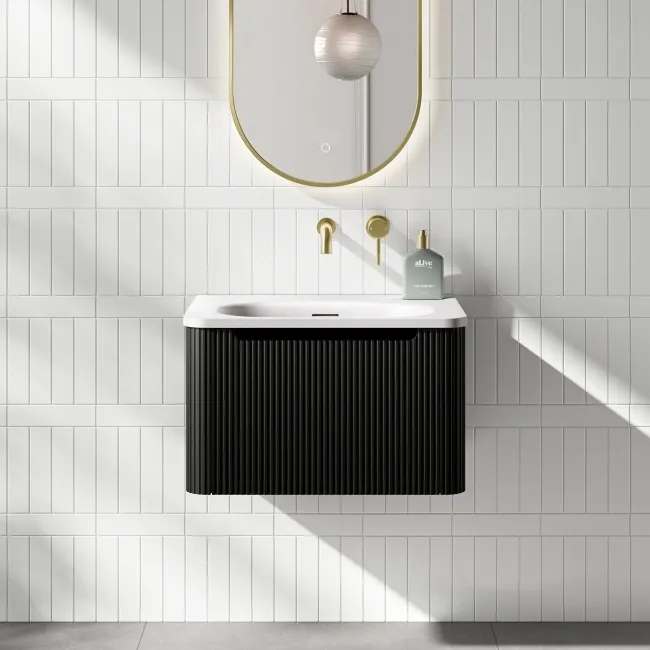 Sorrento Fluted Matt Black Wall Hung Drawer Vanity with Matt White Basin 600mm