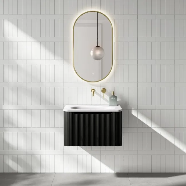 Sorrento Fluted Matt Black Wall Hung Drawer Vanity with Matt White Basin 600mm