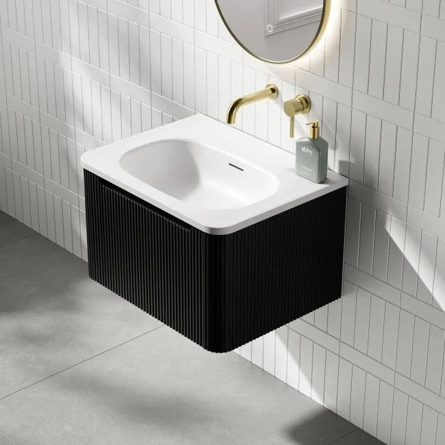 Sorrento Fluted Matt Black Wall Hung Drawer Vanity with Matt White Basin 600mm