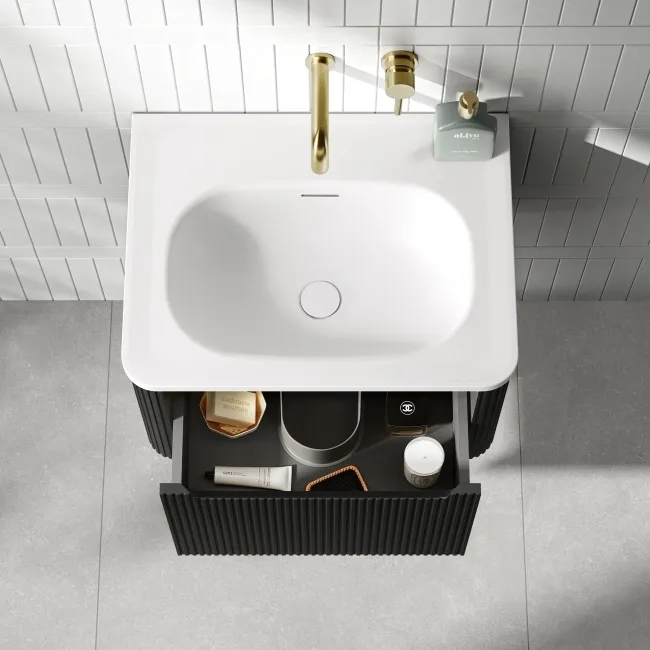 Sorrento Fluted Matt Black Wall Hung Drawer Vanity with Matt White Basin 600mm