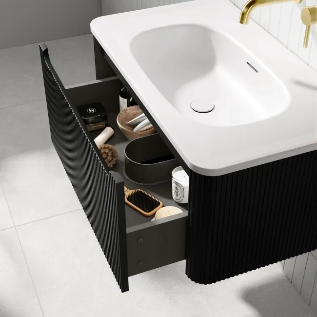 Sorrento Fluted Matt Black Wall Hung Drawer Vanity with Matt White Basin 800mm