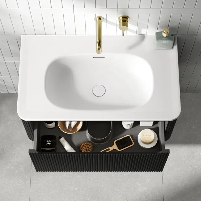 Sorrento Fluted Matt Black Wall Hung Drawer Vanity with Matt White Basin 800mm