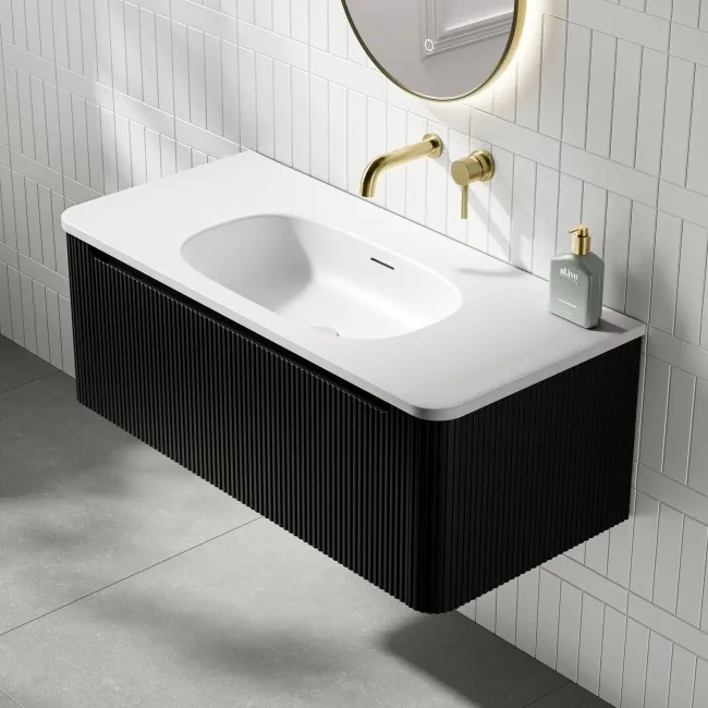 Sorrento Fluted Matt Black Wall Hung Drawer Vanity with Matt White Basin 1000mm