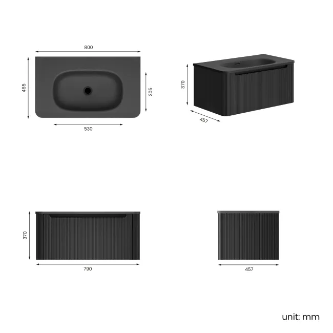 Sorrento Fluted Matt Black Wall Hung Drawer Vanity with Black Basin 800mm