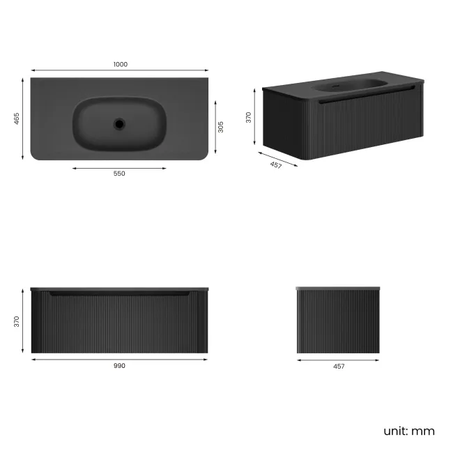 Sorrento Fluted Matt Black Wall Hung Drawer Vanity with Black Basin 1000mm