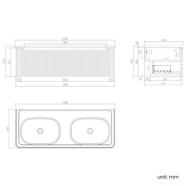 Sorrento Fluted Matt Black Wall Hung Drawer Vanity with Black Double Basin 1200mm