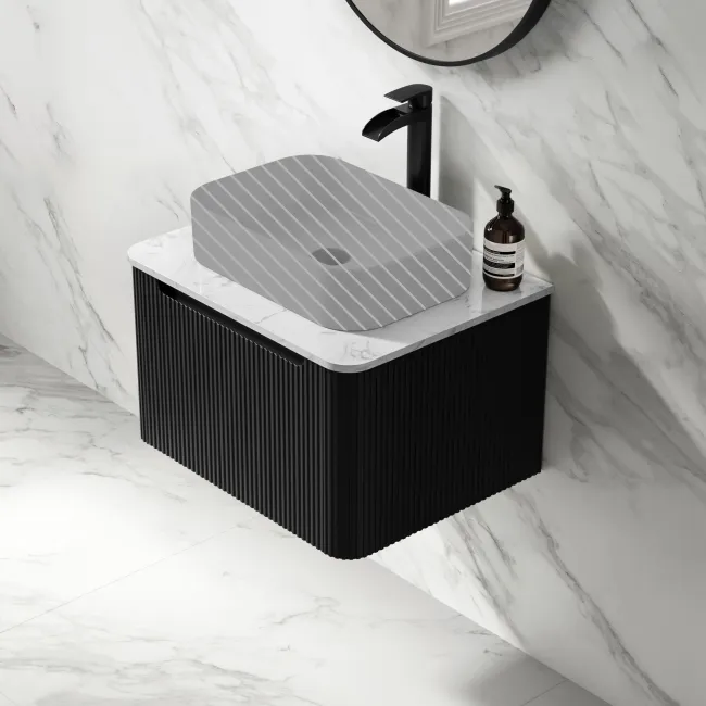 Sorrento Fluted Matt Black Wall Hung Drawer Vanity with Marble Top 600mm - Excludes Counter Top Basin
