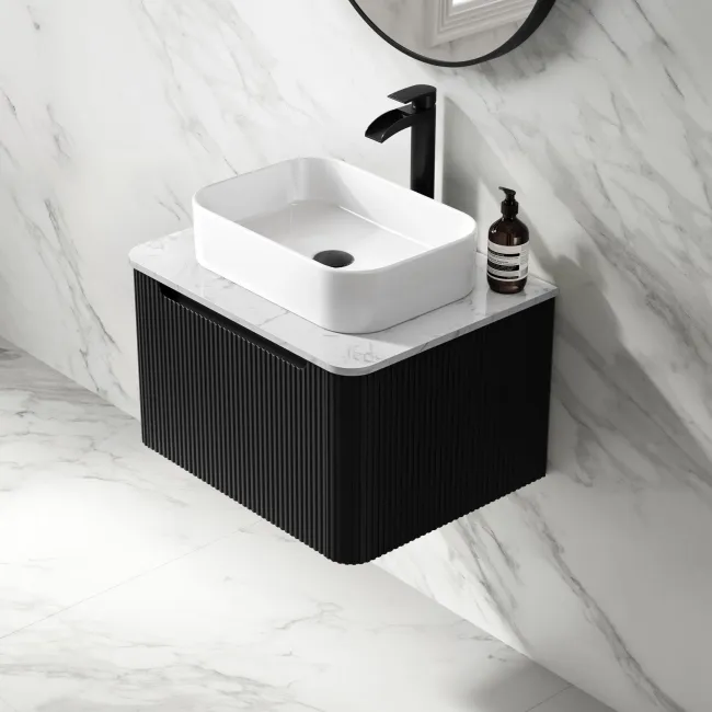 Sorrento Fluted Matt Black Wall Hung Drawer Vanity with Marble Top & Marin Basin 600mm