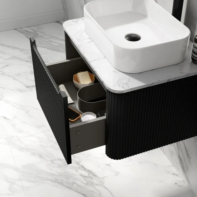 Sorrento Fluted Matt Black Wall Hung Drawer Vanity with Marble Top & Marin Basin 600mm