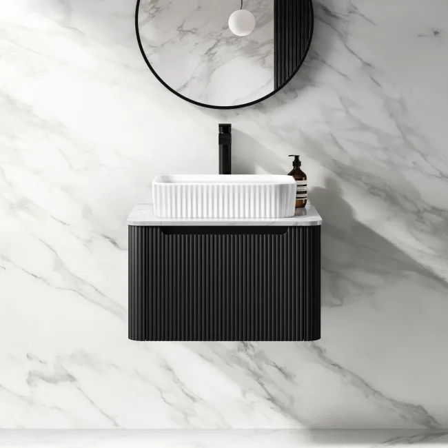 Sorrento Fluted Matt Black Wall Hung Drawer Vanity with Marble Top & Reno Basin 600mm