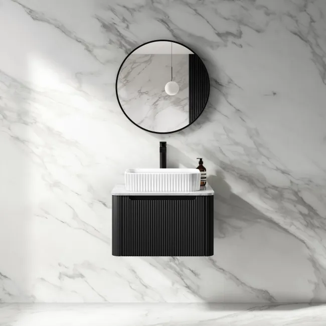 Sorrento Fluted Matt Black Wall Hung Drawer Vanity with Marble Top & Reno Basin 600mm