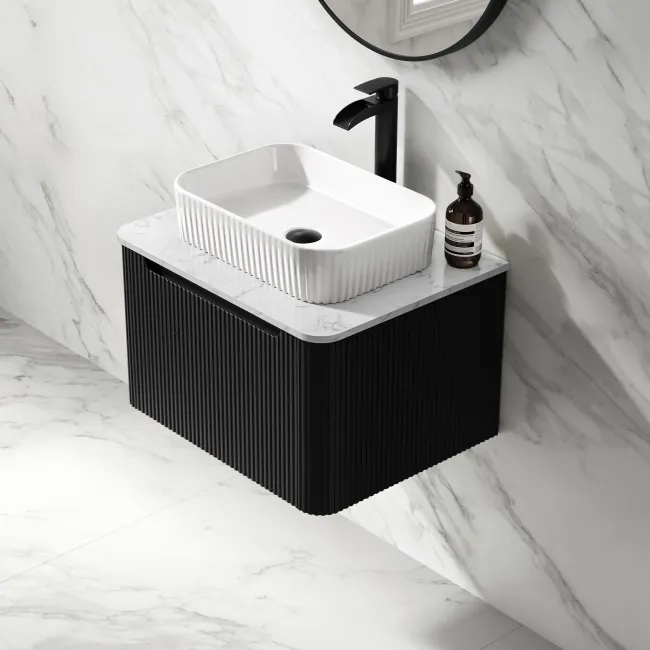 Sorrento Fluted Matt Black Wall Hung Drawer Vanity with Marble Top & Reno Basin 600mm