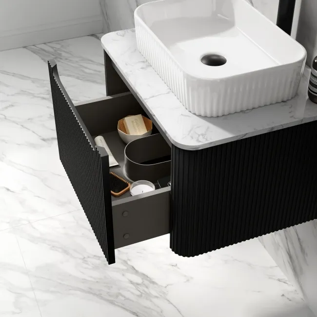 Sorrento Fluted Matt Black Wall Hung Drawer Vanity with Marble Top & Reno Basin 600mm