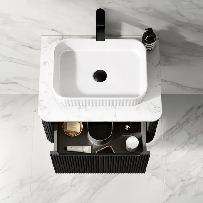 Sorrento Fluted Matt Black Wall Hung Drawer Vanity with Marble Top & Reno Basin 600mm