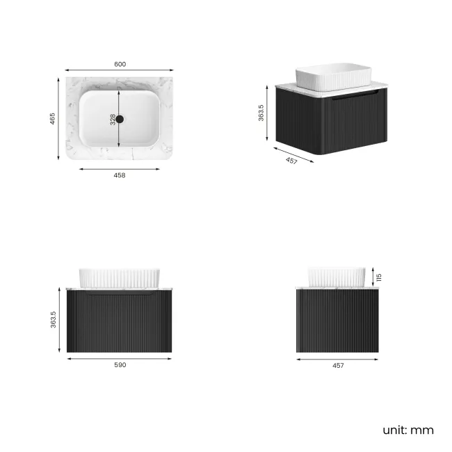 Sorrento Fluted Matt Black Wall Hung Drawer Vanity with Marble Top & Reno Basin 600mm