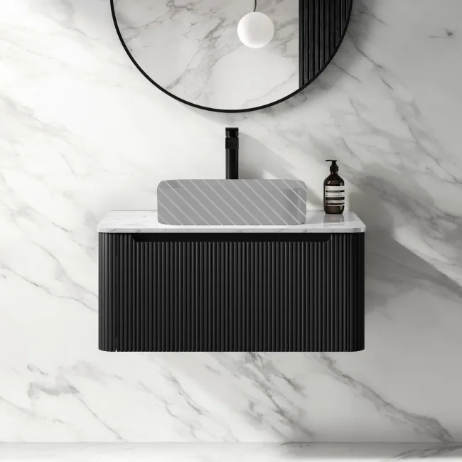 Sorrento Fluted Matt Black Wall Hung Drawer Vanity with Marble Top 800mm - Excludes Counter Top Basin