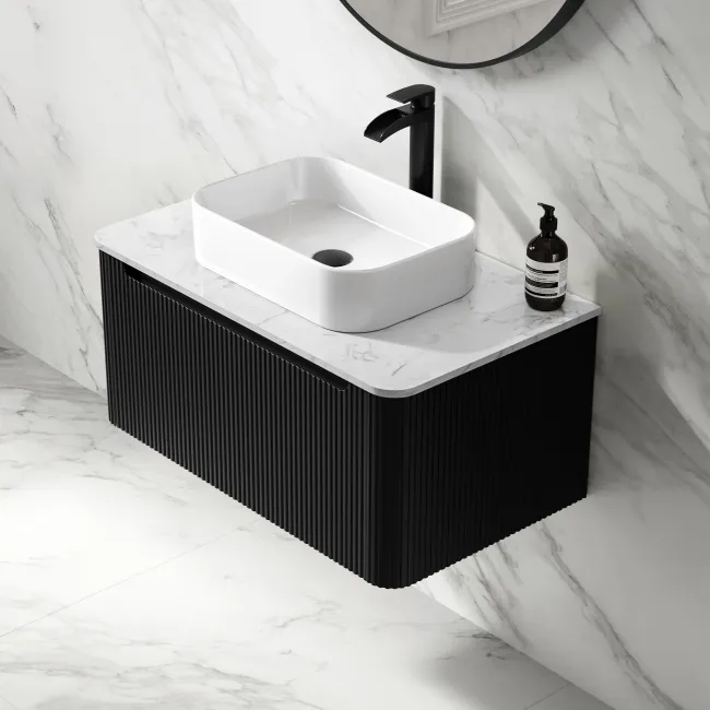 Sorrento Fluted Matt Black Wall Hung Drawer Vanity with Marble Top & Marin Basin 800mm
