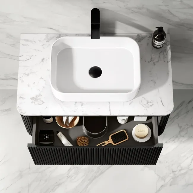 Sorrento Fluted Matt Black Wall Hung Drawer Vanity with Marble Top & Marin Basin 800mm