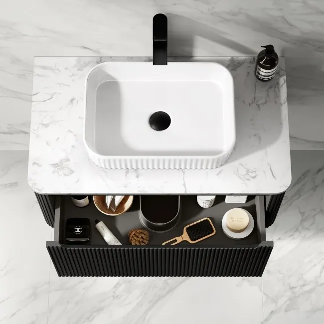 Sorrento Fluted Matt Black Wall Hung Drawer Vanity with Marble Top & Reno Basin 800mm