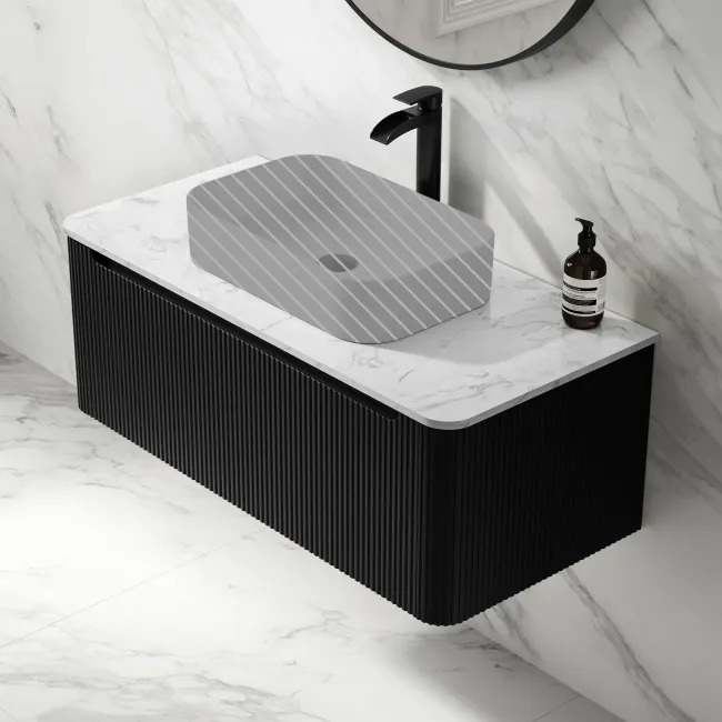 Sorrento Fluted Matt Black Wall Hung Drawer Vanity with Marble Top 1000mm - Excludes Counter Top Basin