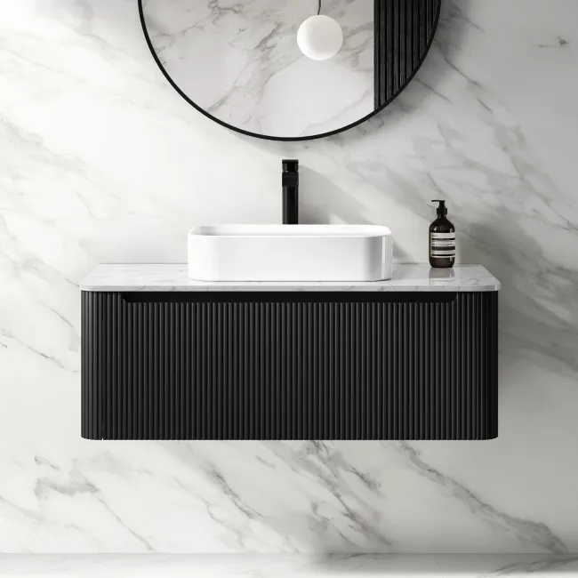 Sorrento Fluted Matt Black Wall Hung Drawer Vanity with Marble Top & Marin Basin 1000mm