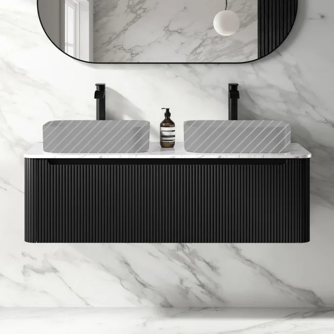 Sorrento Fluted Matt Black Double Wall Hung Drawer Vanity with Marble Top 1200mm - Excludes Counter Top Basin