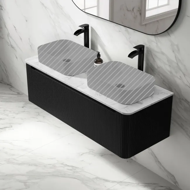 Sorrento Fluted Matt Black Double Wall Hung Drawer Vanity with Marble Top 1200mm - Excludes Counter Top Basin