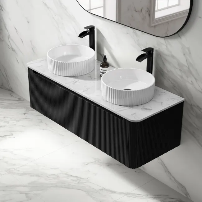 Sorrento Fluted Matt Black Double Wall Hung Drawer Vanity with Marble Top & Nevis Basin 1200mm