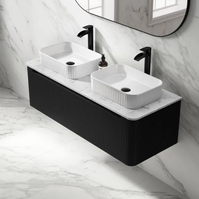 Sorrento Fluted Matt Black Double Wall Hung Drawer Vanity with Marble Top & Reno Basin 1200mm