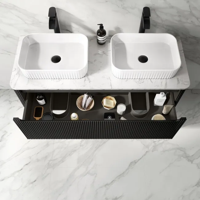 Sorrento Fluted Matt Black Double Wall Hung Drawer Vanity with Marble Top & Reno Basin 1200mm