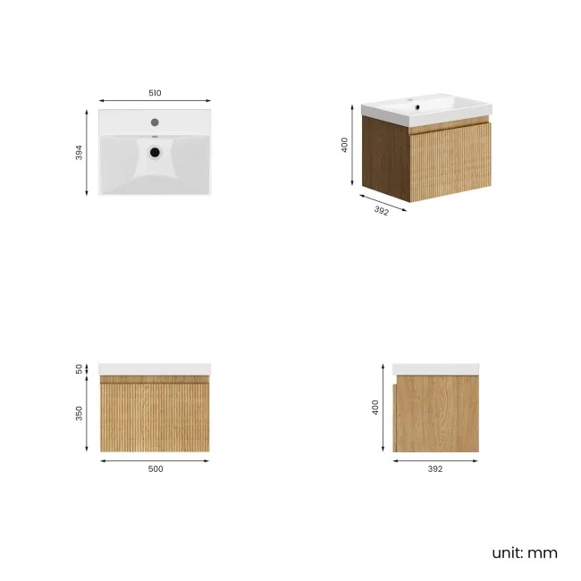Malta Fluted Country Oak Wall Hung Basin Drawer Vanity 500mm