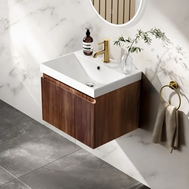 Malta Fluted Black Walnut Wall Hung Basin Drawer Vanity 500mm