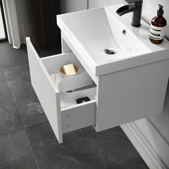 Malta Fluted Coastal White Wall Hung Basin Drawer Vanity 500mm
