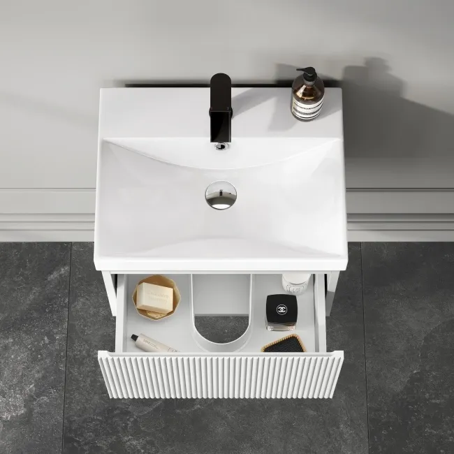 Malta Fluted Coastal White Wall Hung Basin Drawer Vanity 500mm