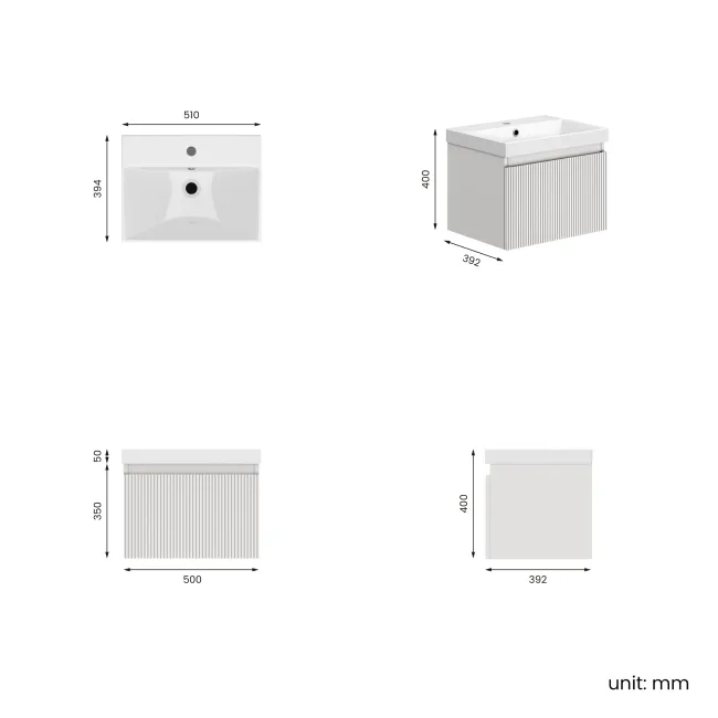 Malta Fluted Coastal White Wall Hung Basin Drawer Vanity 500mm