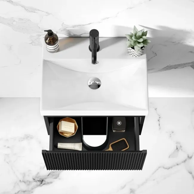 Malta Fluted Matt Black Wall Hung Basin Drawer Vanity 500mm