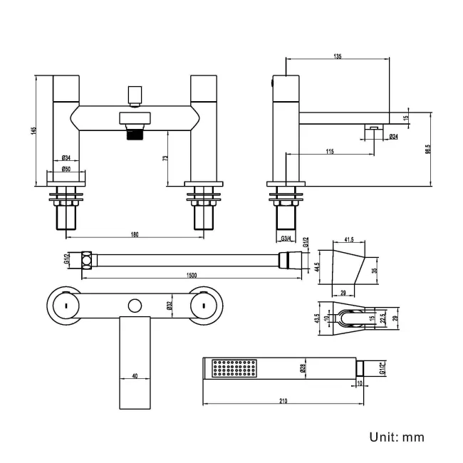 Tyne Matt Black Basin & Shower Bath Mixer Tap Set